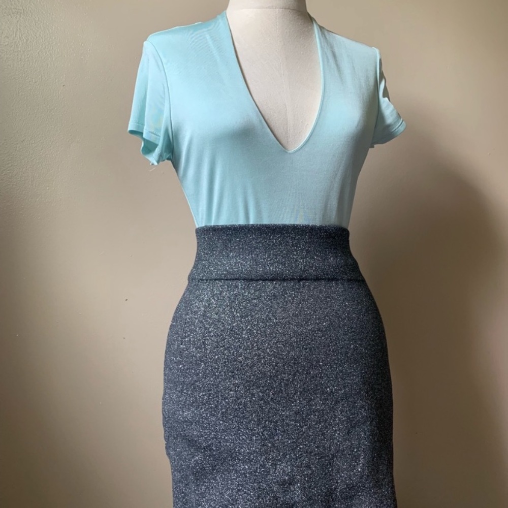 V-neck baby blue silky top